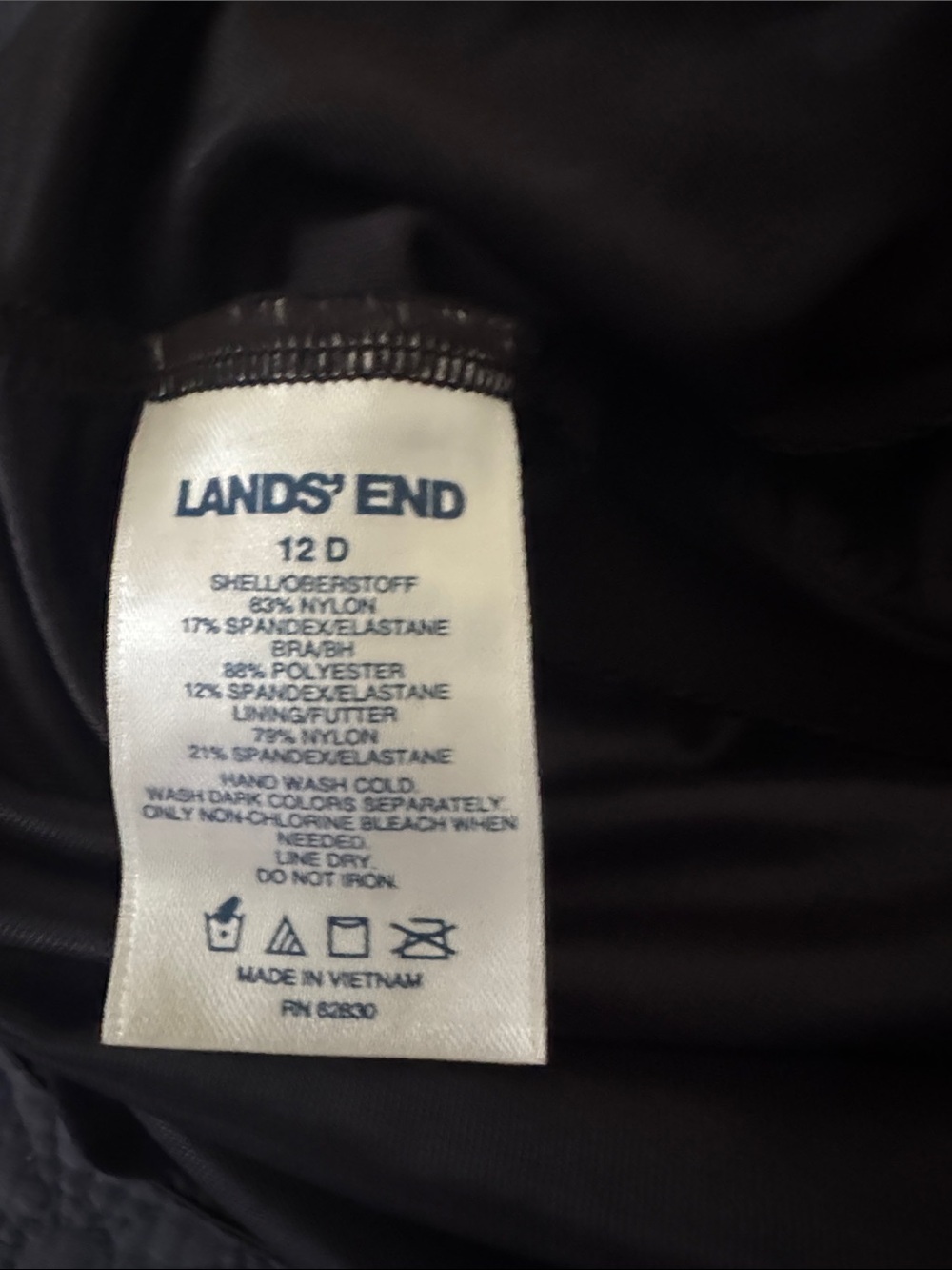 Lands' End Black Women's Swim top with inner lining. Size 12D